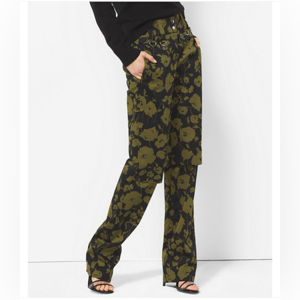 Michael Kors Collection - Black & Green Floral Print Slouchy Utility Pants -
